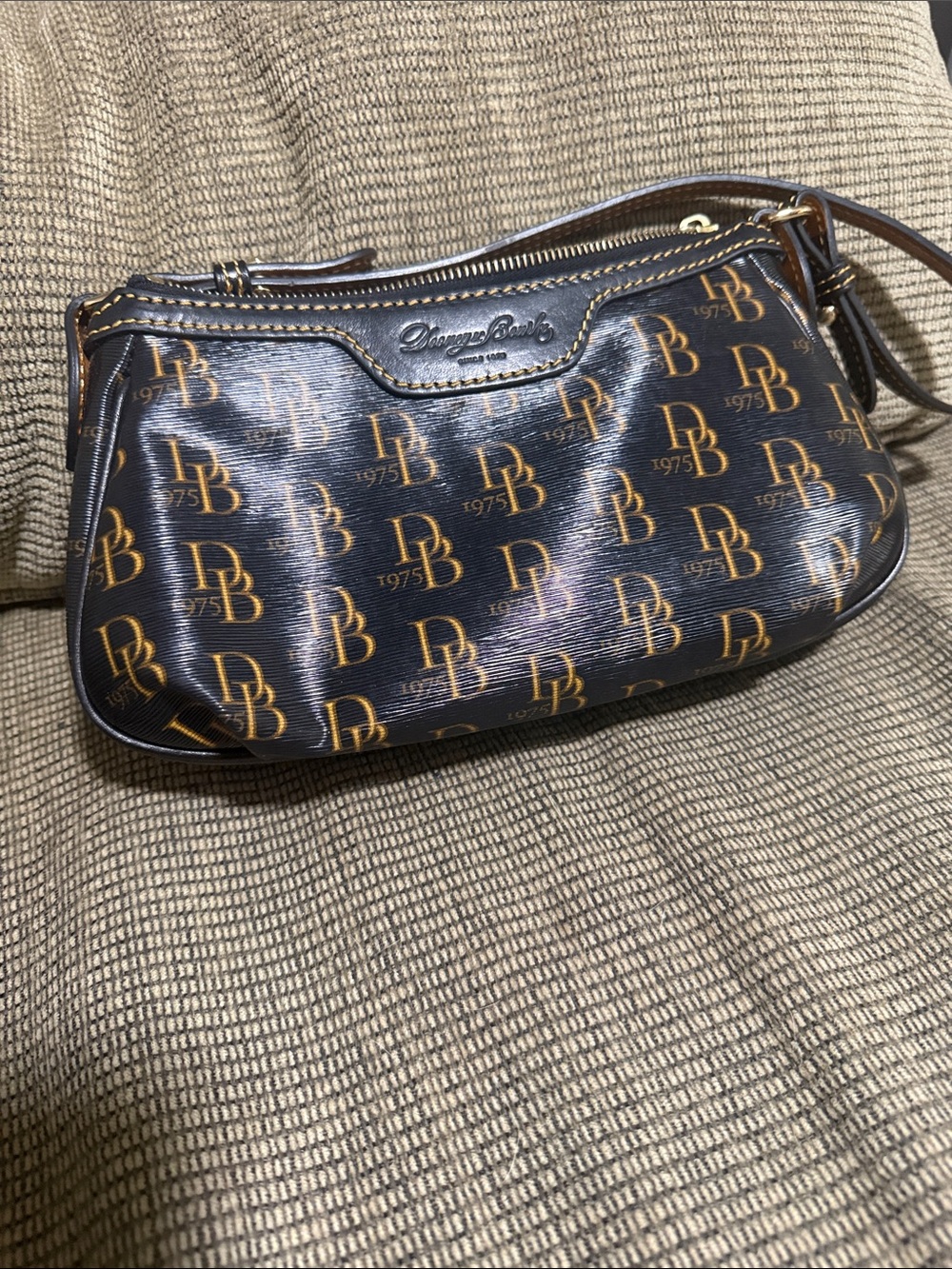 Vintage Dooney & Bourke Brown and Gold Logo Wristlet Pouch